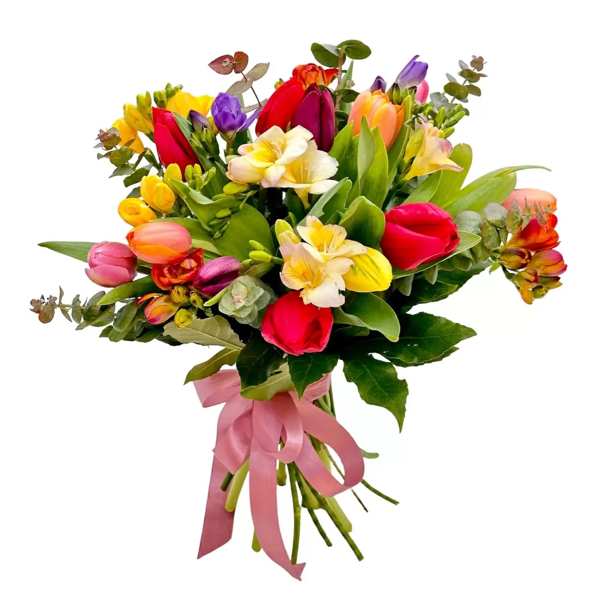 Buchet 12 lalele si 13 frezii parfumate Florarie Targoviste Livrare Flori Targoviste